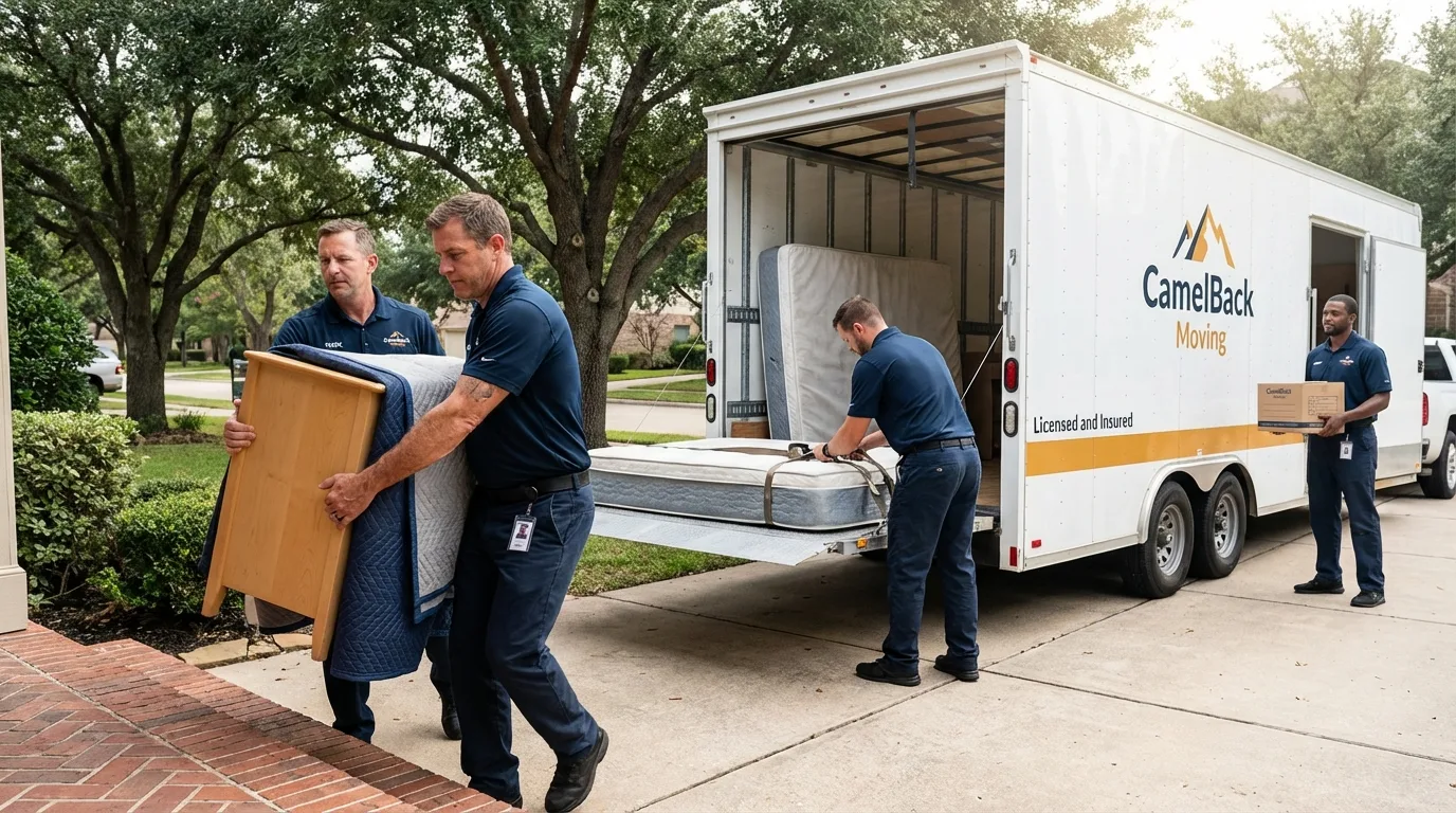 Crew loading residential truck for cross-state move from Seeley, CA