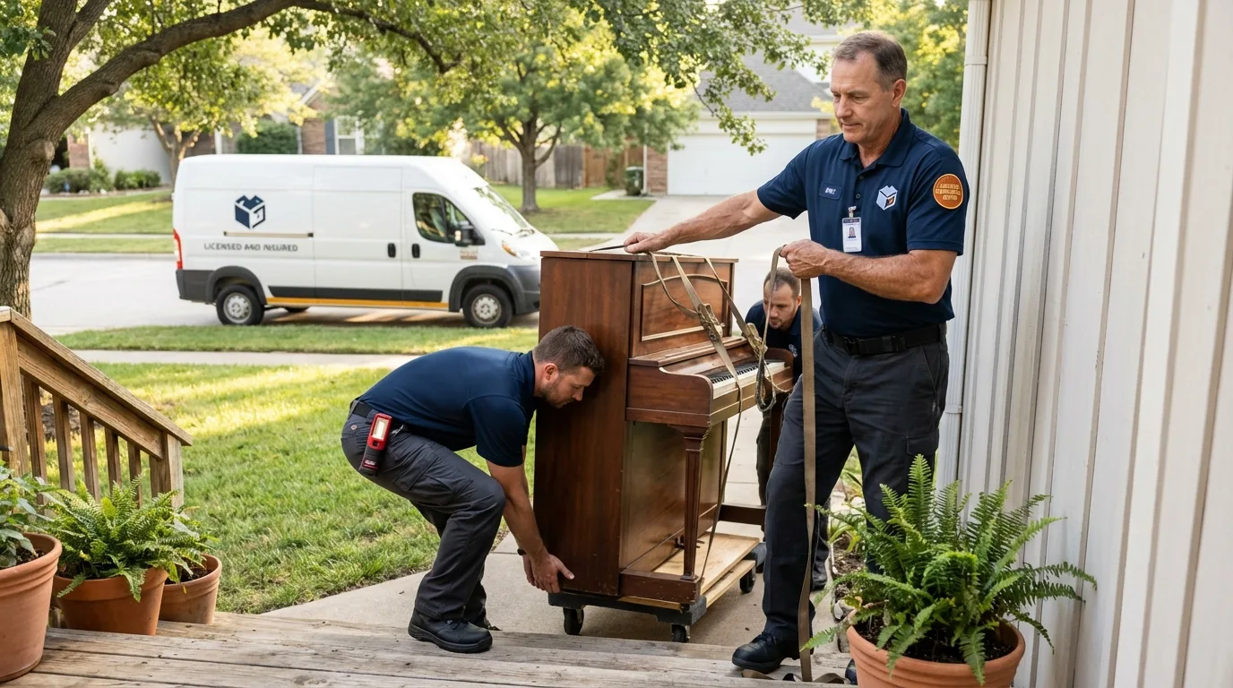 Licensed piano movers securing grand piano in Seeley, CA