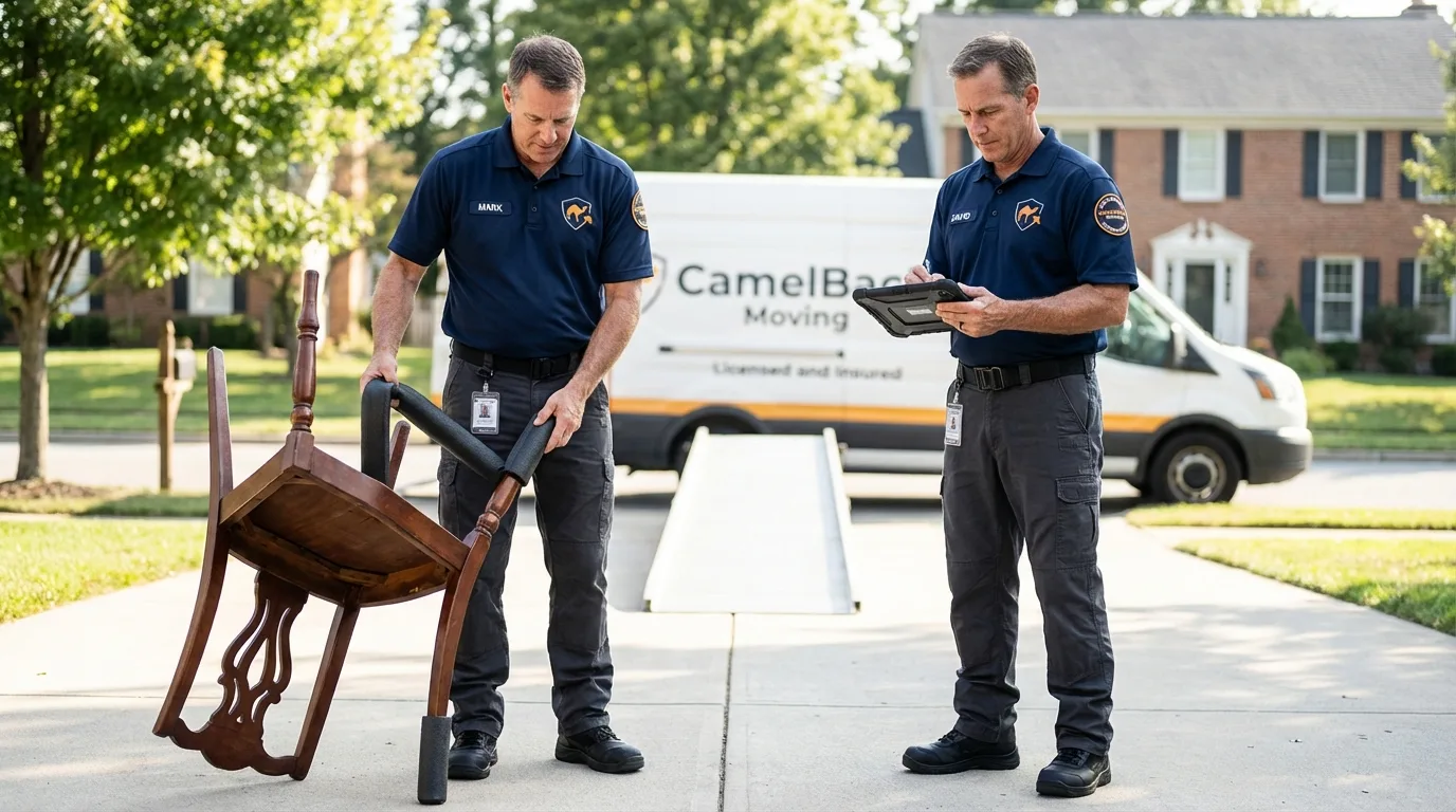 Movers inspecting furniture for damage prevention before loading in Seeley, CA