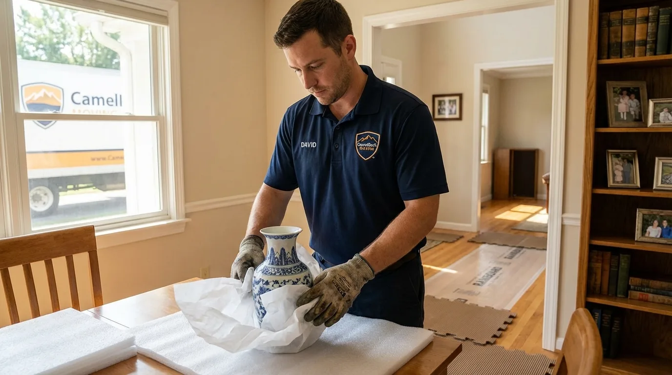 Professional crew carefully wrapping antique vase for senior downsizing move in Seeley, CA